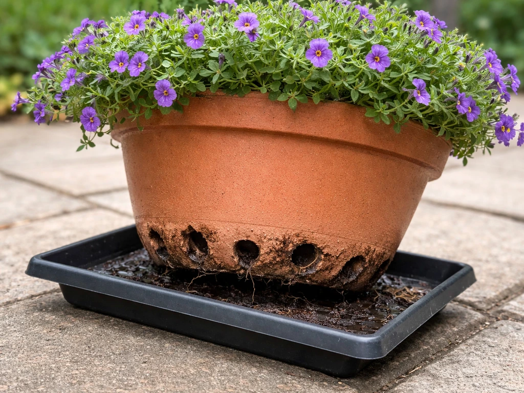 Large calibrachoa planter on a tilted raised tray with drainage holes clearly visible