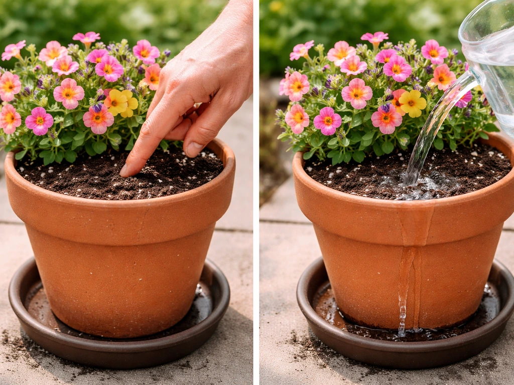 Hands checking the top inch of soil in a potted calibrachoa and watering until excess drains