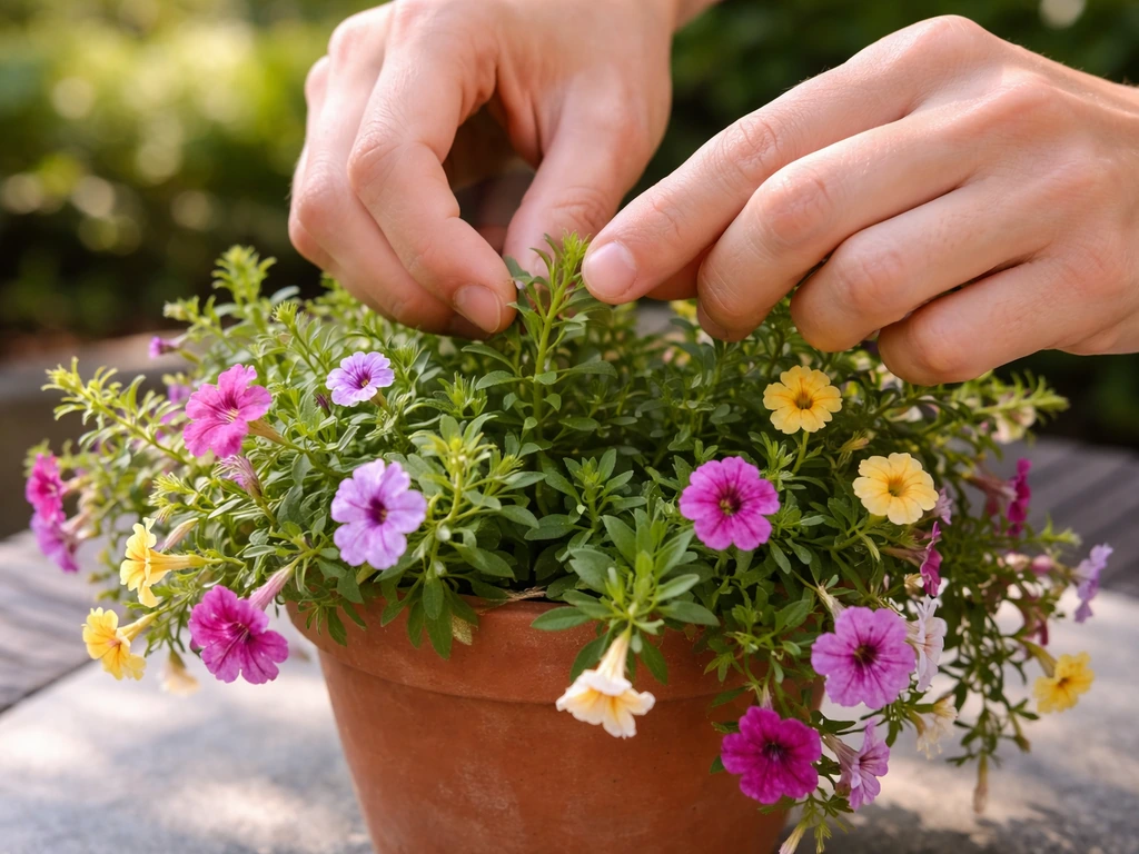 Hands pinching trailing calibrachoa tips in a small pot, showing fuller new growth after trimming.