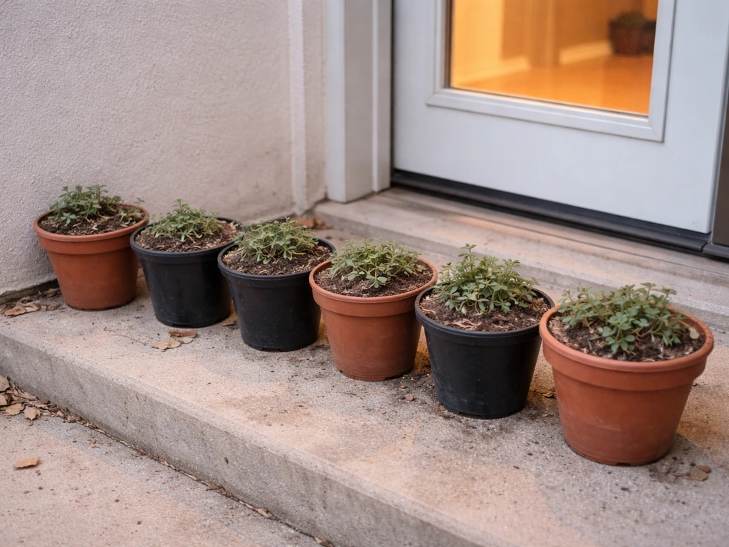 Potted calibrachoa plants on a sheltered porch near a bright window during cooler season