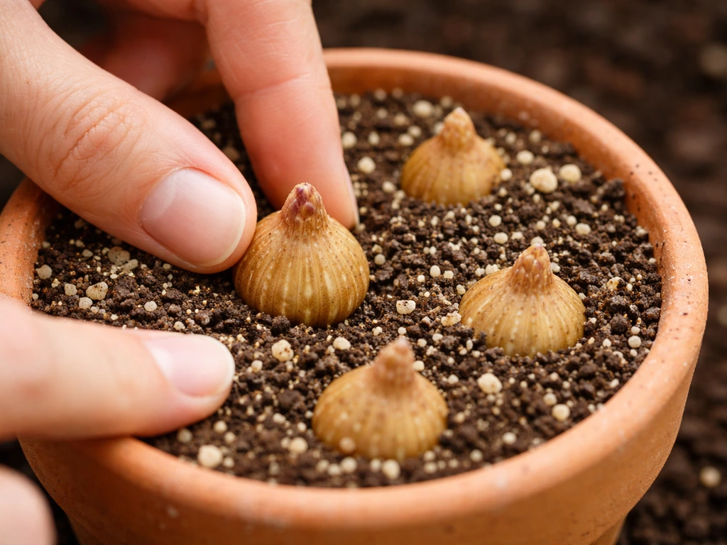 Close-up of a freesia corm placed in a pot of gritty potting mix with the pointed tip facing up.