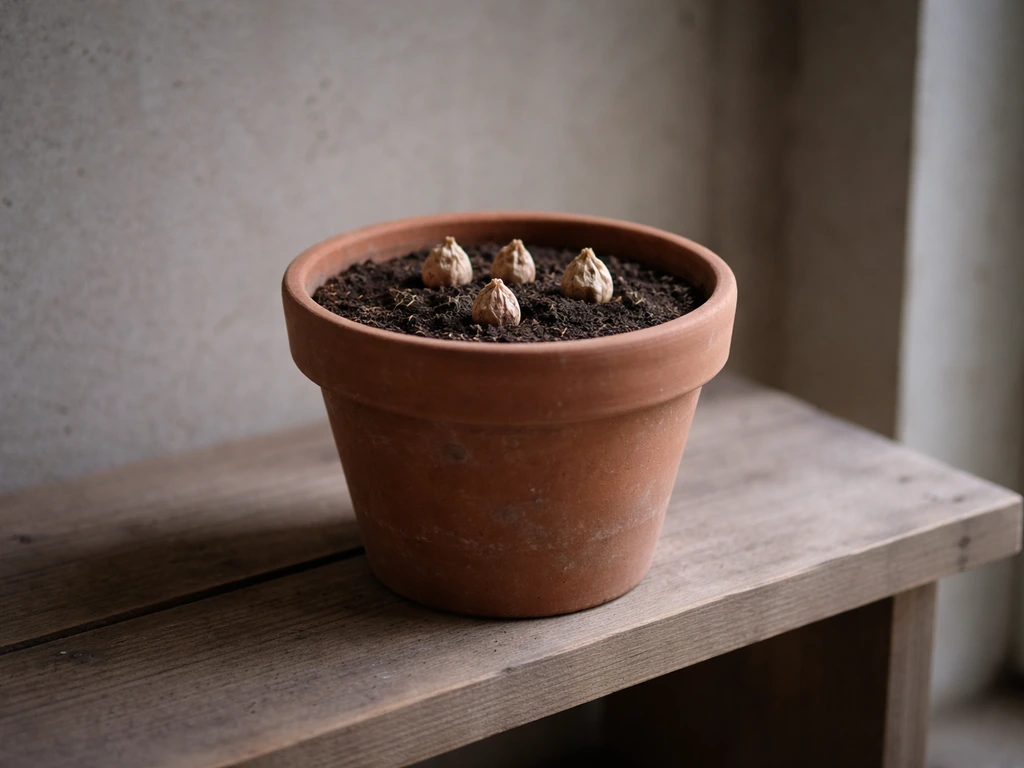 A potted freesia bulb resting on a shelf in a cool, shaded frost-free garage-like space