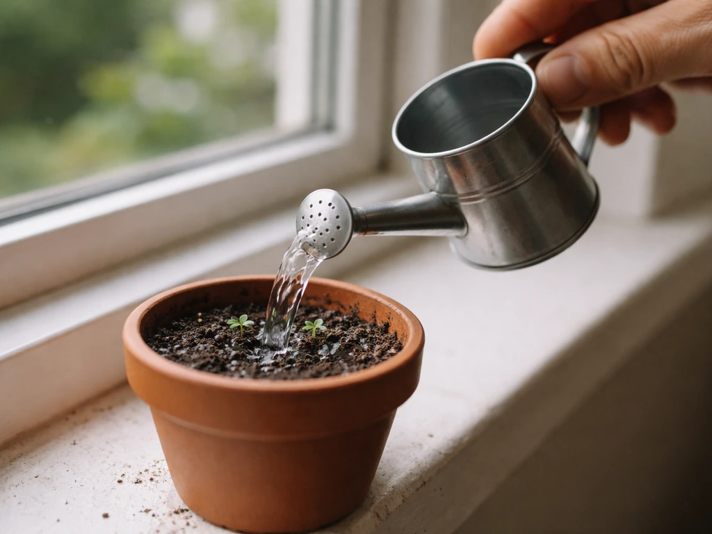Watering a small potted plant with a watering can, compost kept barely moist in cool early growth.