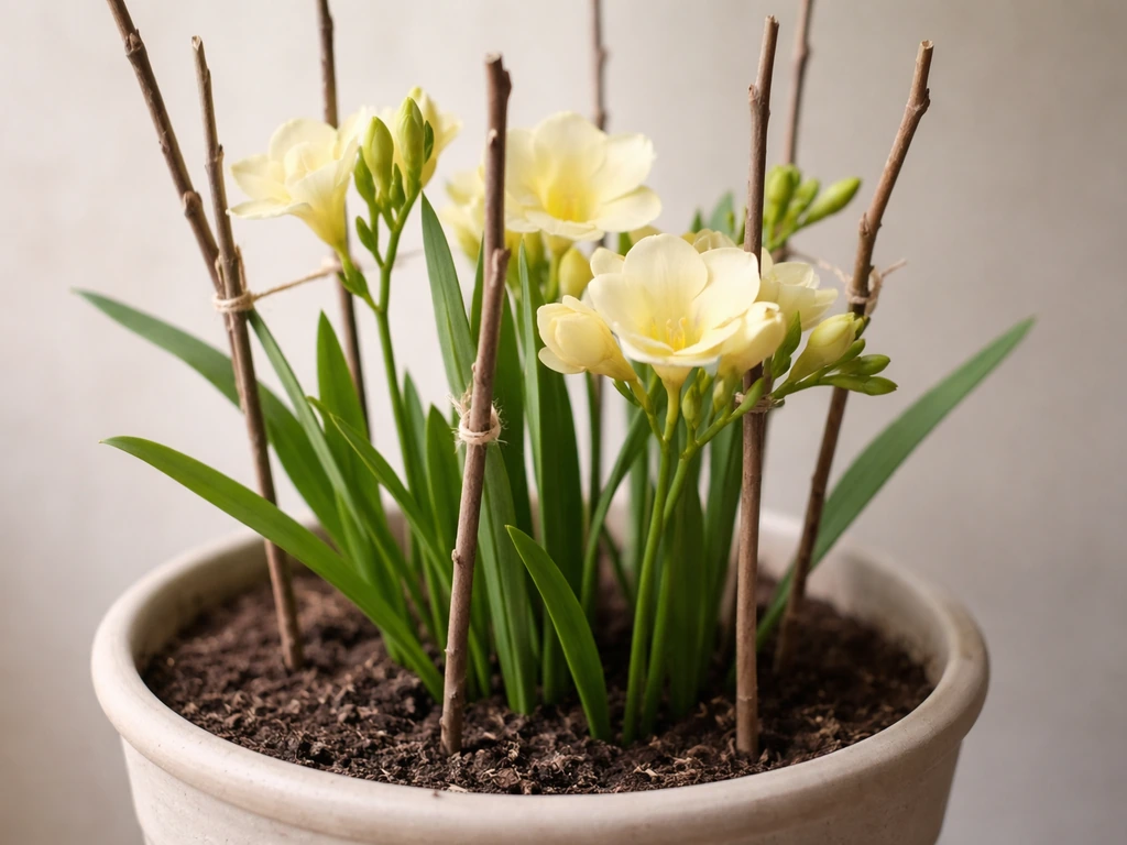 Freesia stems in a pot propped upright by twiggy hazel sticks inserted into the compost.