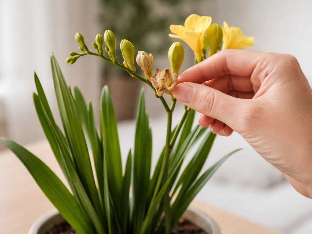 Green freesia leaves in a pot while faded blooms are removed from the flower spike by hand.