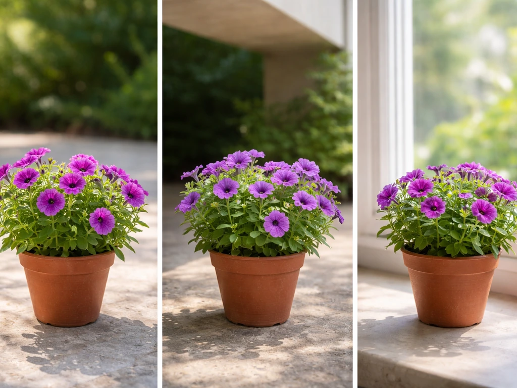 Petunias in two outdoor spots—full sun and partial shade—with an indoor window pot in low light