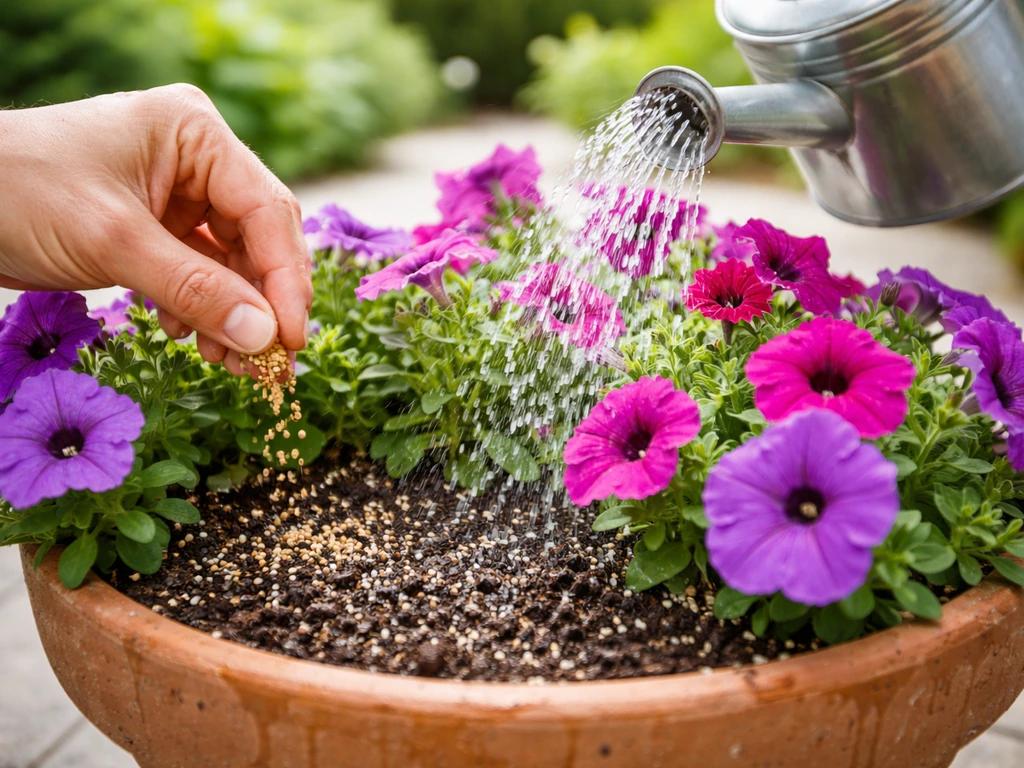 Hand fertilizing wave petunias in a pot with granules and liquid feed around the base.
