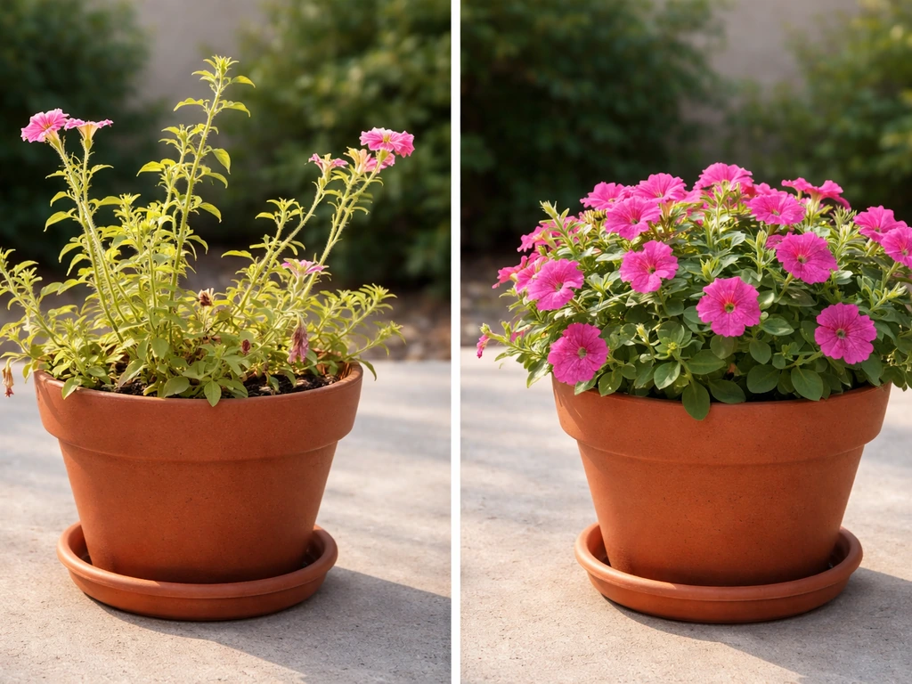 Two simple container plant scenes: leggy petunias with pale, sparse flowers beside a sunlit, pruned, fuller blooming pot