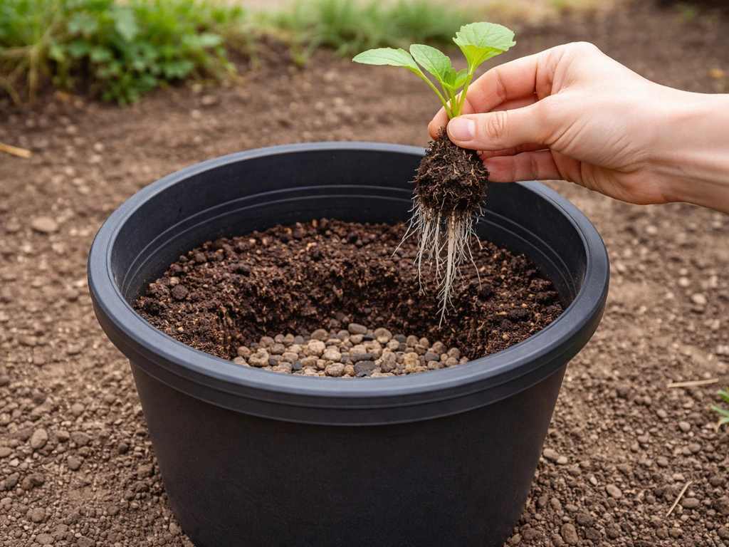 Deep pot with visible drainage holes and gravel layer, with an unobstructed seedling showing root room.