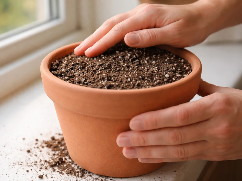 Hands filling a small pot with light potting mix to just below the rim, near a window.