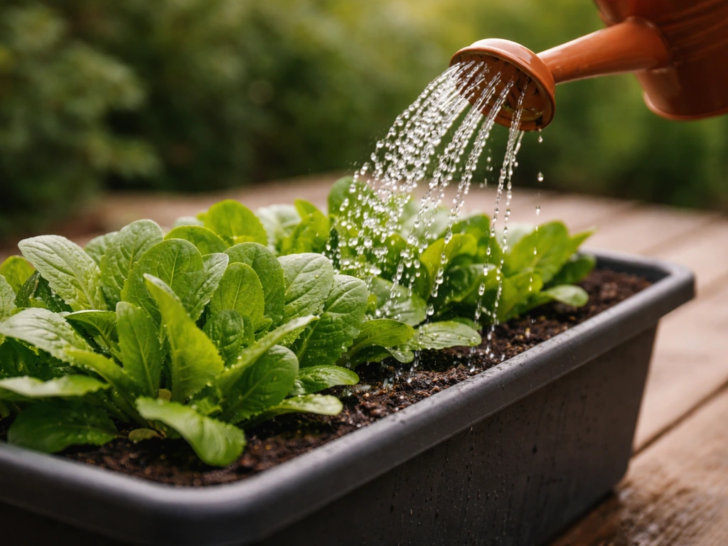 Watering a single container of leafy greens with a gentle stream, moist soil and no standing water.