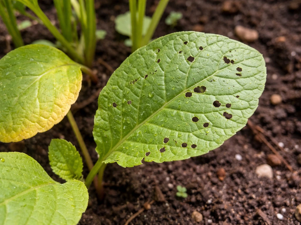 Garden plant leaves showing flea beetle chew holes and yellowing linked to overwatering or poor drainage
