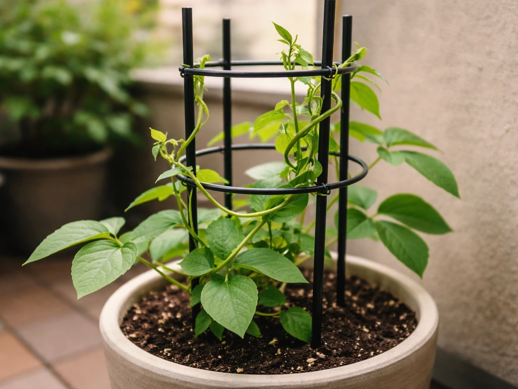 Flourishing potted climbing plant with vines actively wrapping around a trellis on a patio.