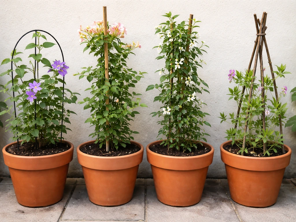 Four different climbing plants in separate pots on a patio, each trained to a small support.