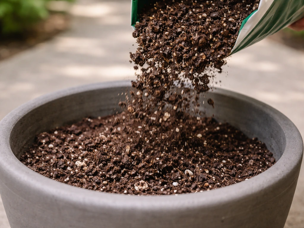 Close-up of fluffy purpose-made potting mix being poured into a plant container, showing airy texture.