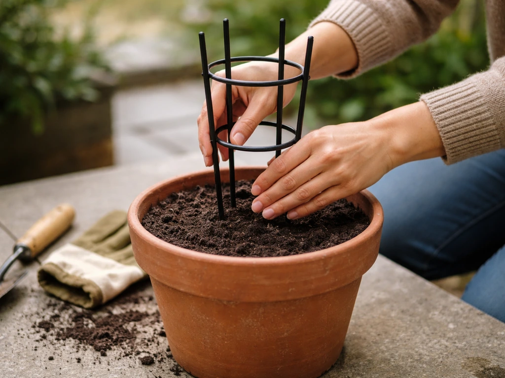 A gardener anchors a small trellis into a pot before planting, soil visible with no plant yet.