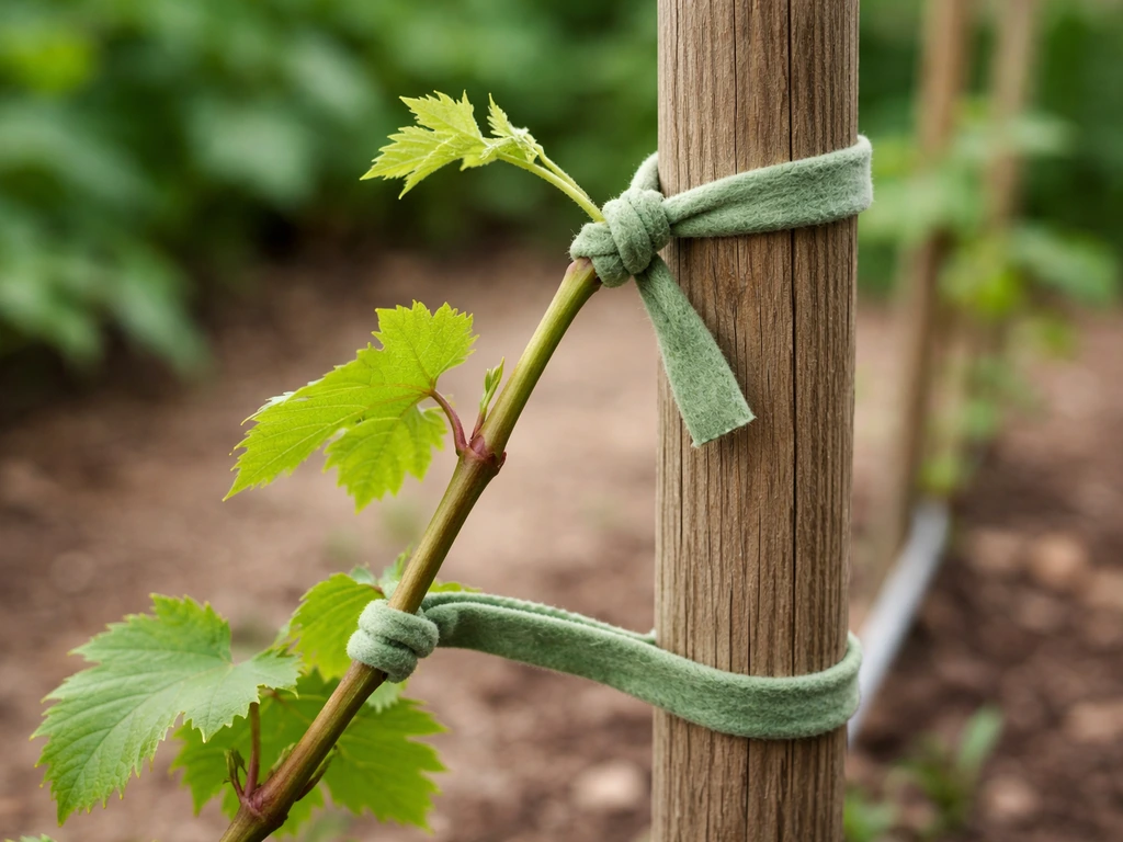 Close-up of a new vine growth being gently tied to a wooden trellis with soft plant ties.