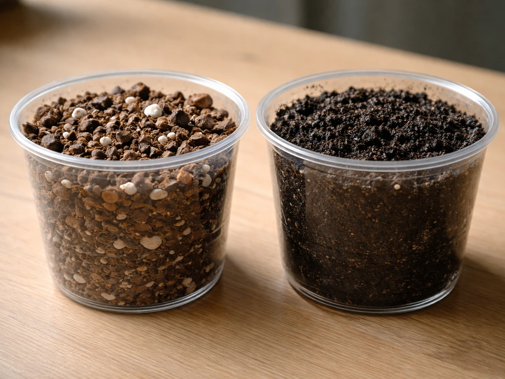 Two pots side by side showing airy chunky epiphyllum mix versus dense waterlogged compost.