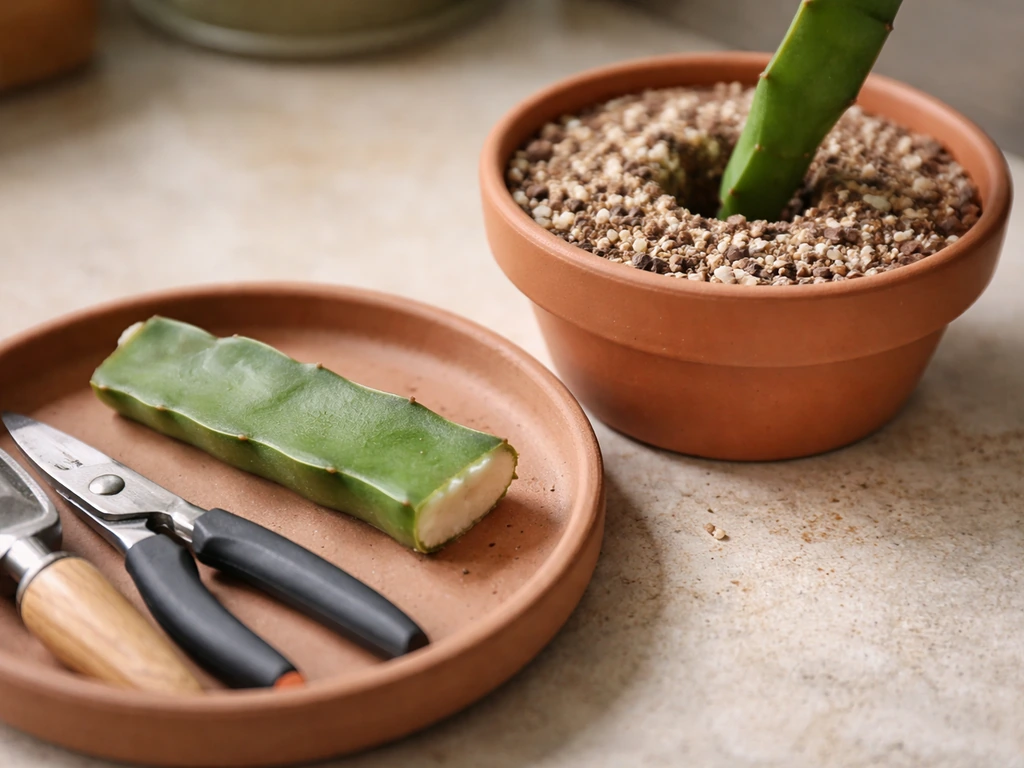 Fresh plant cutting being inserted into a small pot with propagation mix on a clean counter.