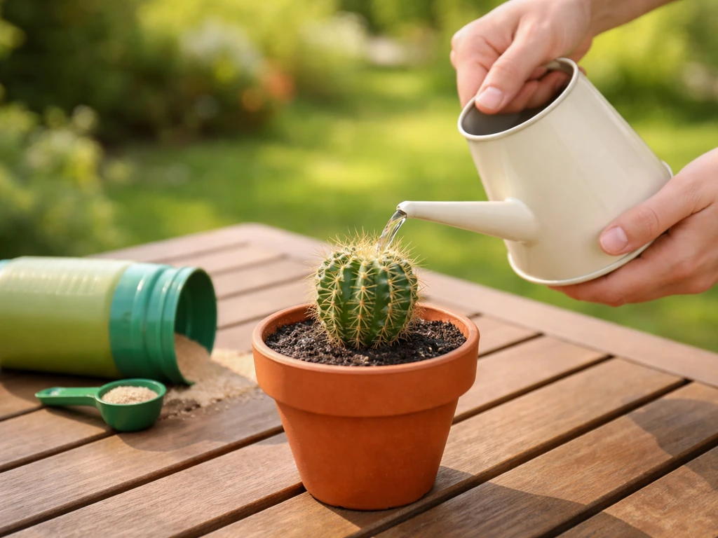 Watering a small potted cactus with a watering can; a fertilizer container sits nearby on a sunny patio.