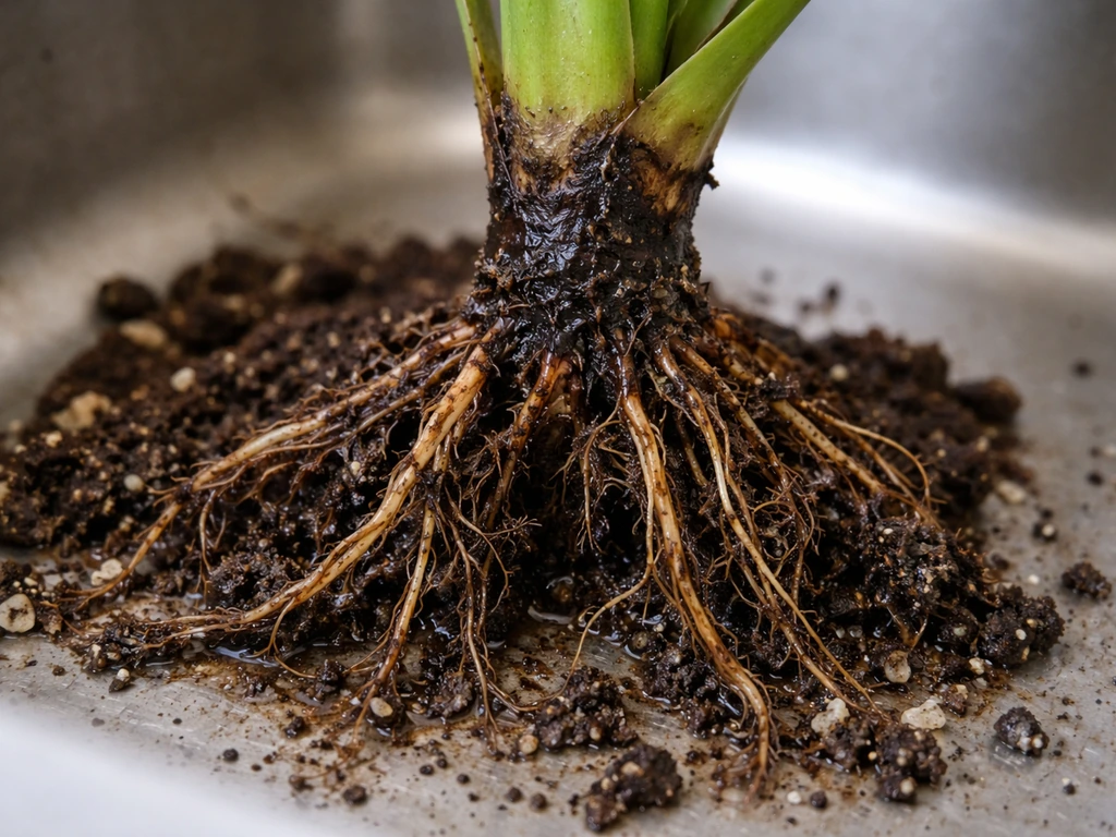 Unpotted queen of the night plant showing mushy, discolored stem base and brown waterlogged roots