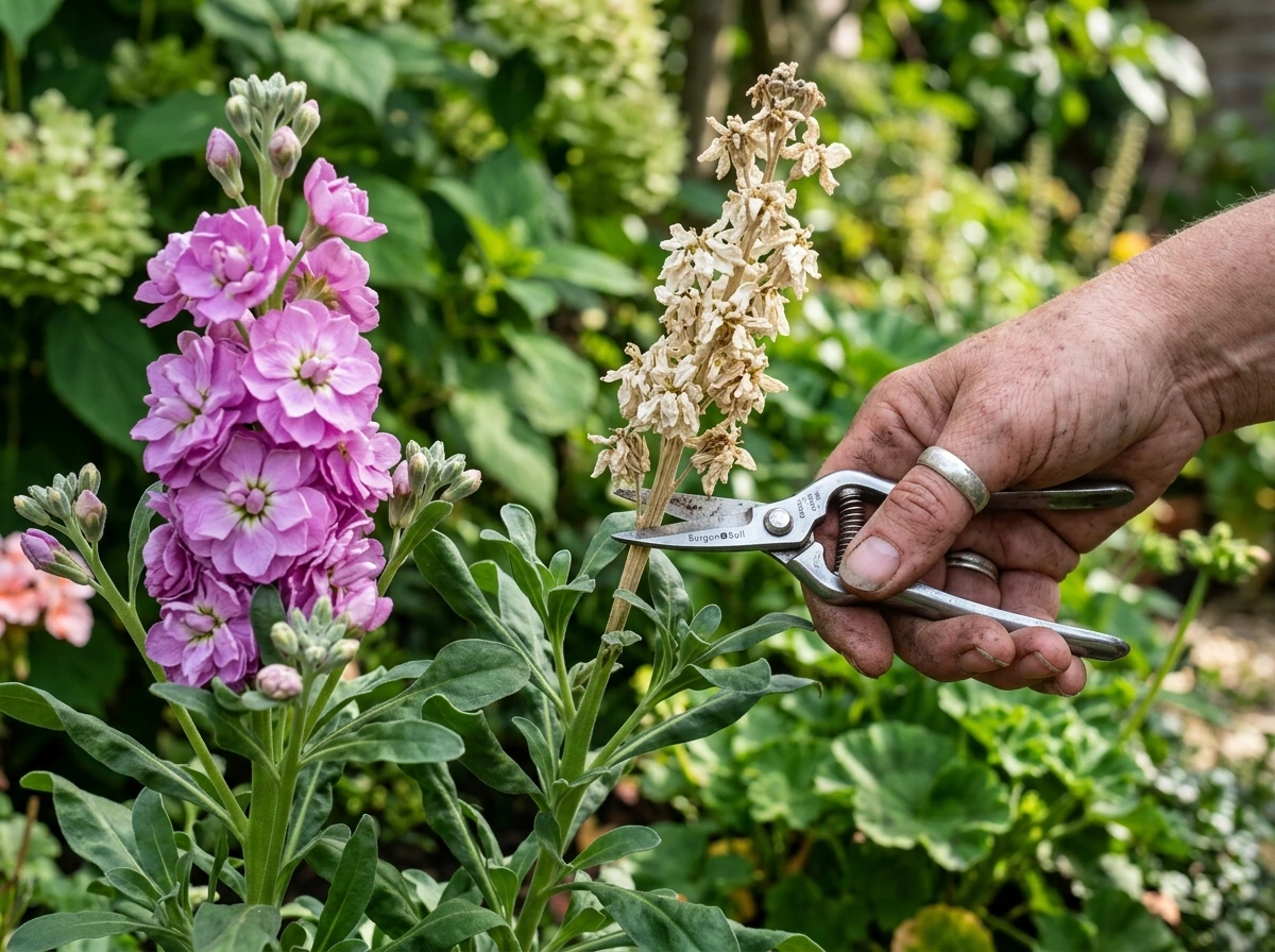 Pruning a spent stock flower spike to extend blooming