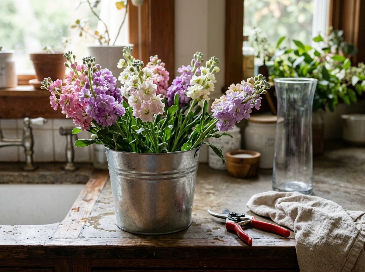 Freshly cut stock stems conditioning in cool water with pruners