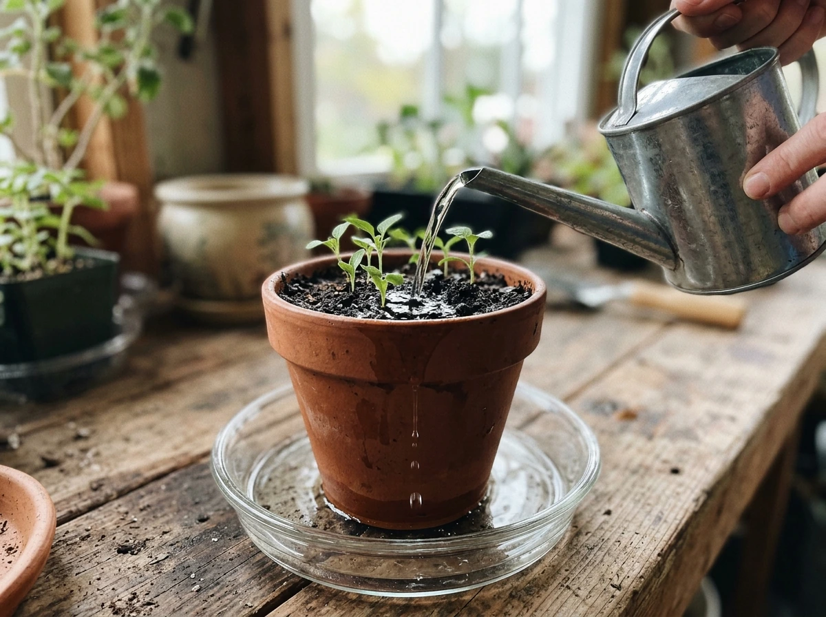 Thorough watering of duck flower soil until a little runoff appears