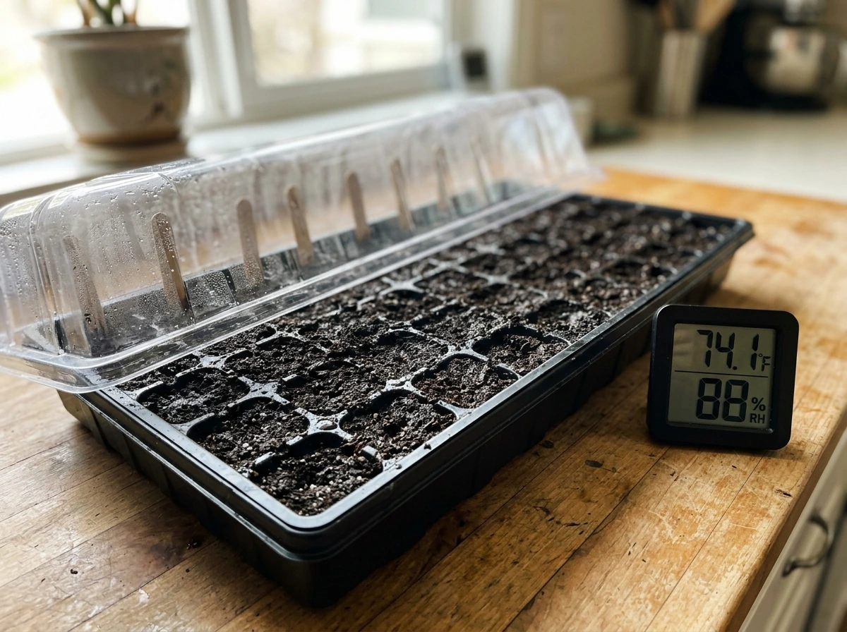 Seed-starting tray covered for moisture with a temperature gauge nearby