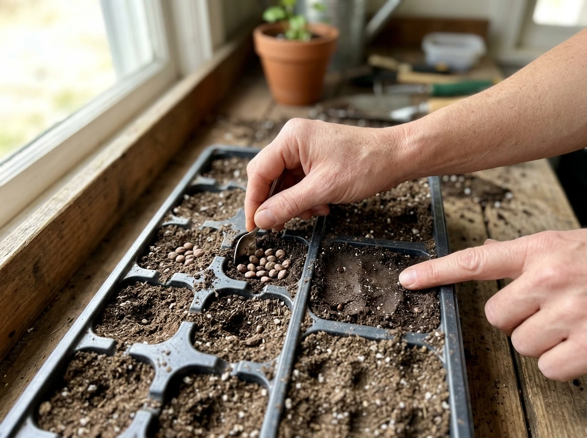Planting duck flower seeds at ~1/4 inch depth and gently tamping soil