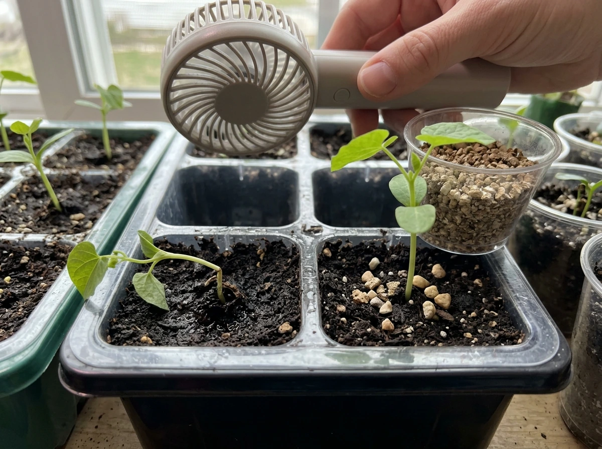 Healthy vs failing duck flower seedling base showing a common troubleshooting problem