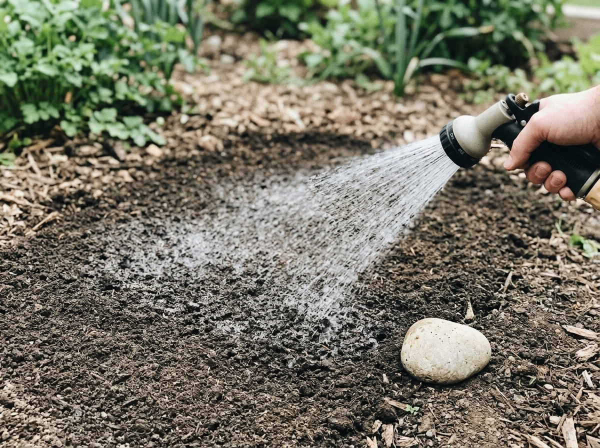Light mist watering over newly sown wildflower seeds to keep the topsoil moist
