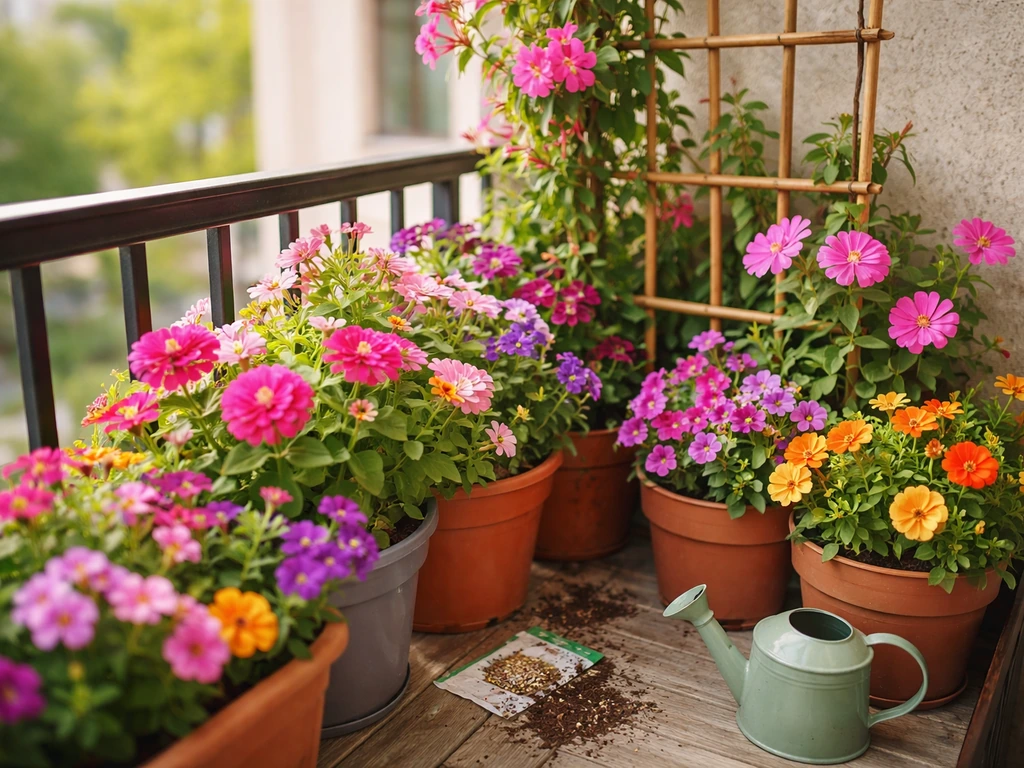 Colorful flowers thriving in tight containers on a small balcony with a simple vertical trellis.