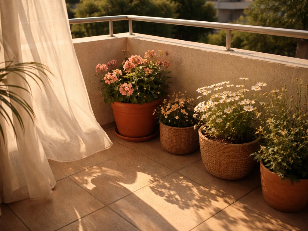 Small balcony with sunlight patterns and a visible breeze moving lightweight plants and fabric