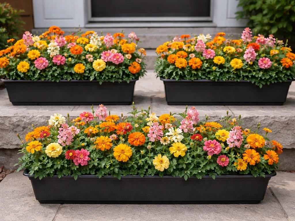 Compact marigolds with mixed snapdragons and zinnias in window boxes along a garden edge