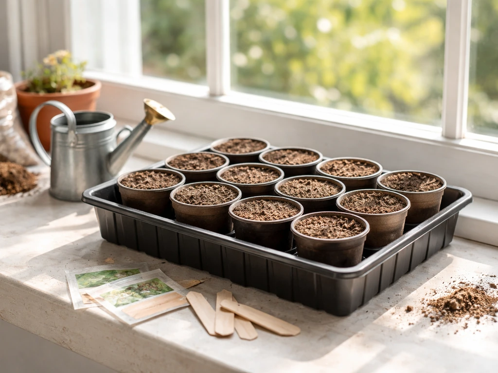 Bright windowsill with seed-starting trays and small pots, seed-mix bag and watering can.