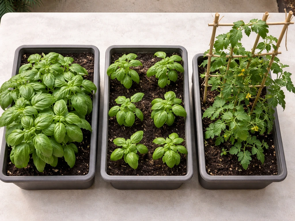 Overhead view of crowded vs spaced potted plants with a simple vertical trellis for airflow.