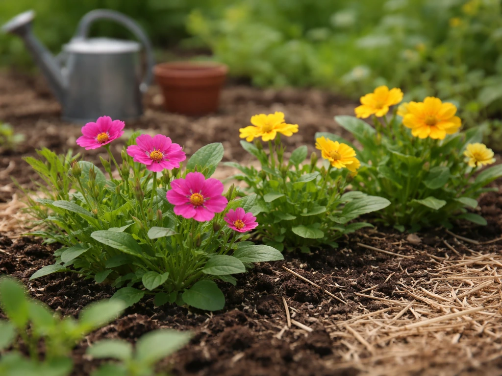 Close view of small edible flower plants blooming in a simple home garden bed