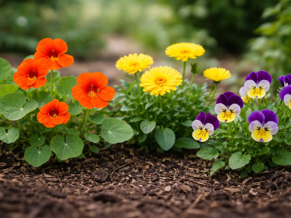 Colorful edible flowers in a home garden bed: nasturtium, calendula, pansies and blooms in natural light