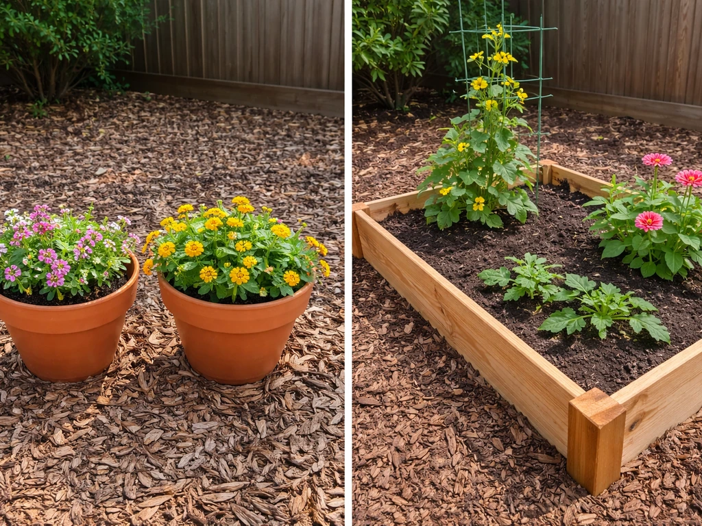 Minimal photo of two setups: compact edible flowers in containers beside a trellised garden bed with blooms.
