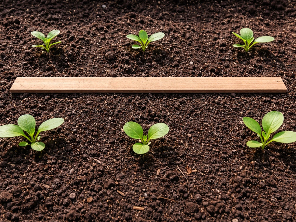 Close-up of evenly spaced young seedlings with a ruler beside them to show plant spacing.