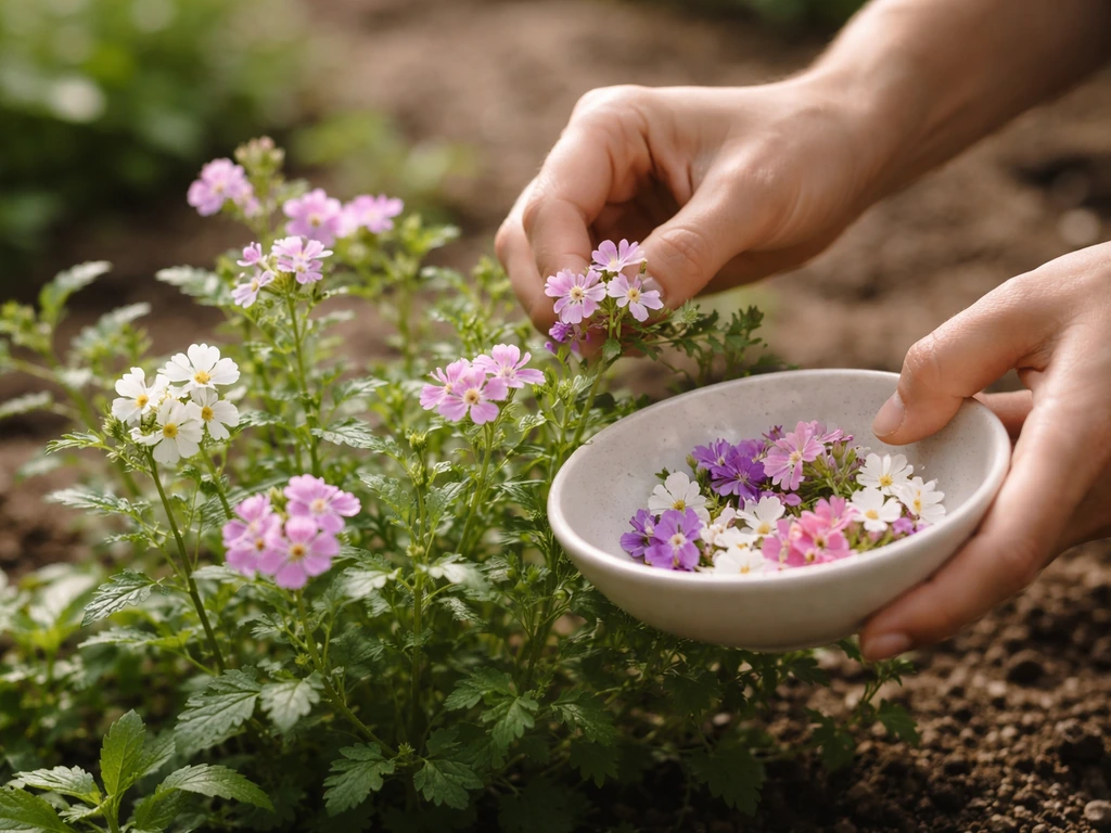 Morning-picked fully open edible flowers on the plant with hands and a small harvest bowl nearby