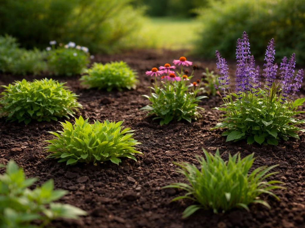 New perennial bed with young crowns and early blooms in rich soil and mulch.