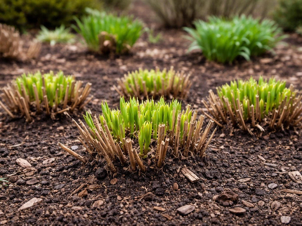 Early spring herbaceous perennial clumps with fresh shoots emerging from the crown in a small garden bed.