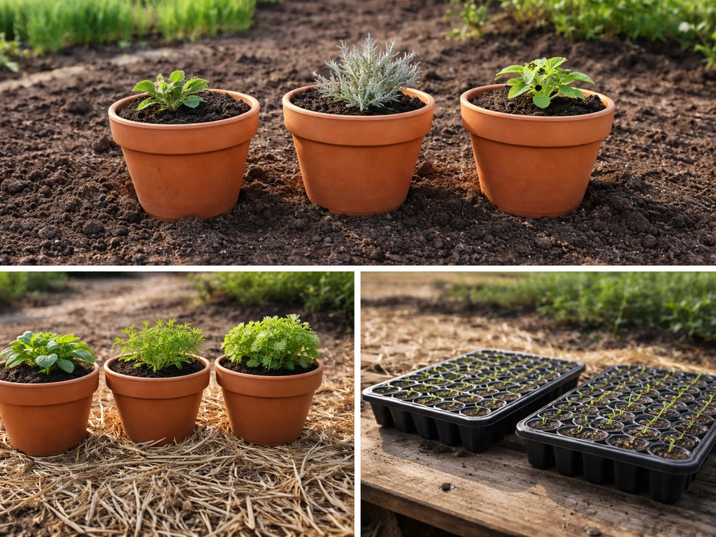 Three garden planting scenarios outdoors with unlabeled pots and seed trays: spring transplants, seasonal window, and se