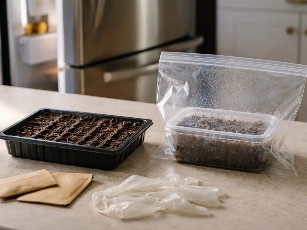 Moist seed-start tray and seed packets in a clear bag near a refrigerator, indoor daylight, minimal setup
