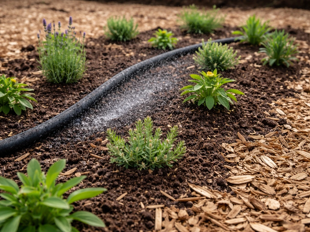 Soaker hose watering and fresh mulch around newly planted perennials with visible spacing.