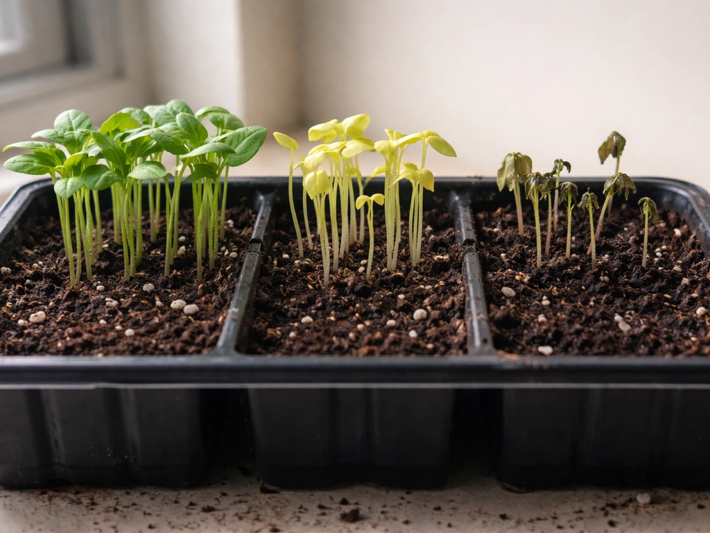 Indoor seed tray showing healthy green seedlings, pale chlorosis seedlings, and damping-off with dark stems.