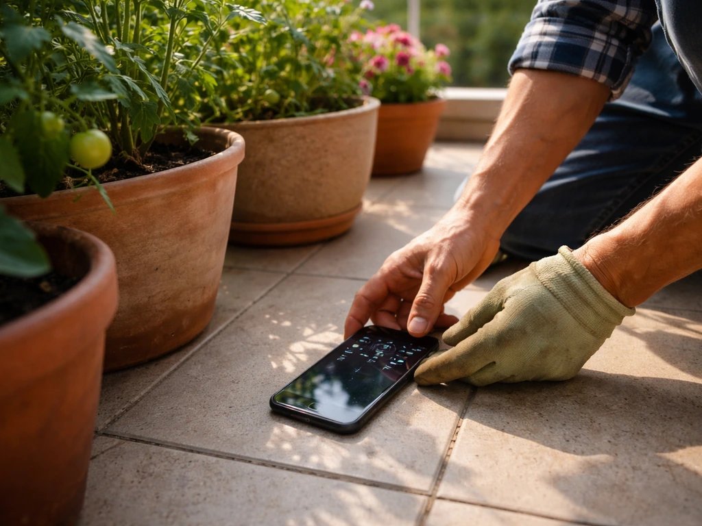 Anonymous gardener’s hands using a phone timer on a sunlit balcony beside potted containers to track direct sun hours.