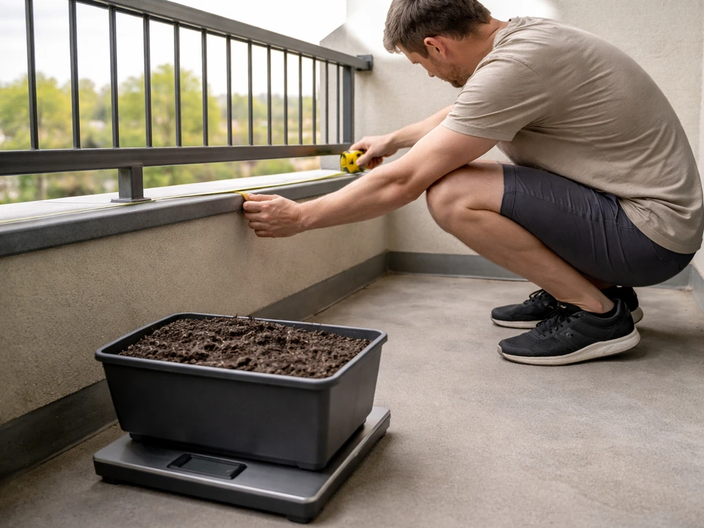 Person measuring a balcony railing width and placing a heavy potted soil container on a scale